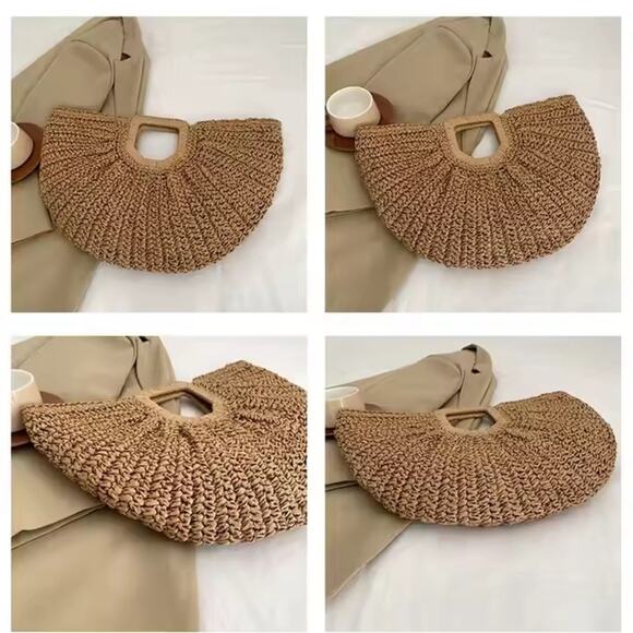 Ramla Bohemian Tan Hobo Straw Bag Half moon  Round Women Handbags Half moon - Picture 6 of 6